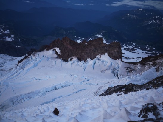 Looking down on the Ingraham Glacier and everything we had passed through in the darkness. Scary, eh?